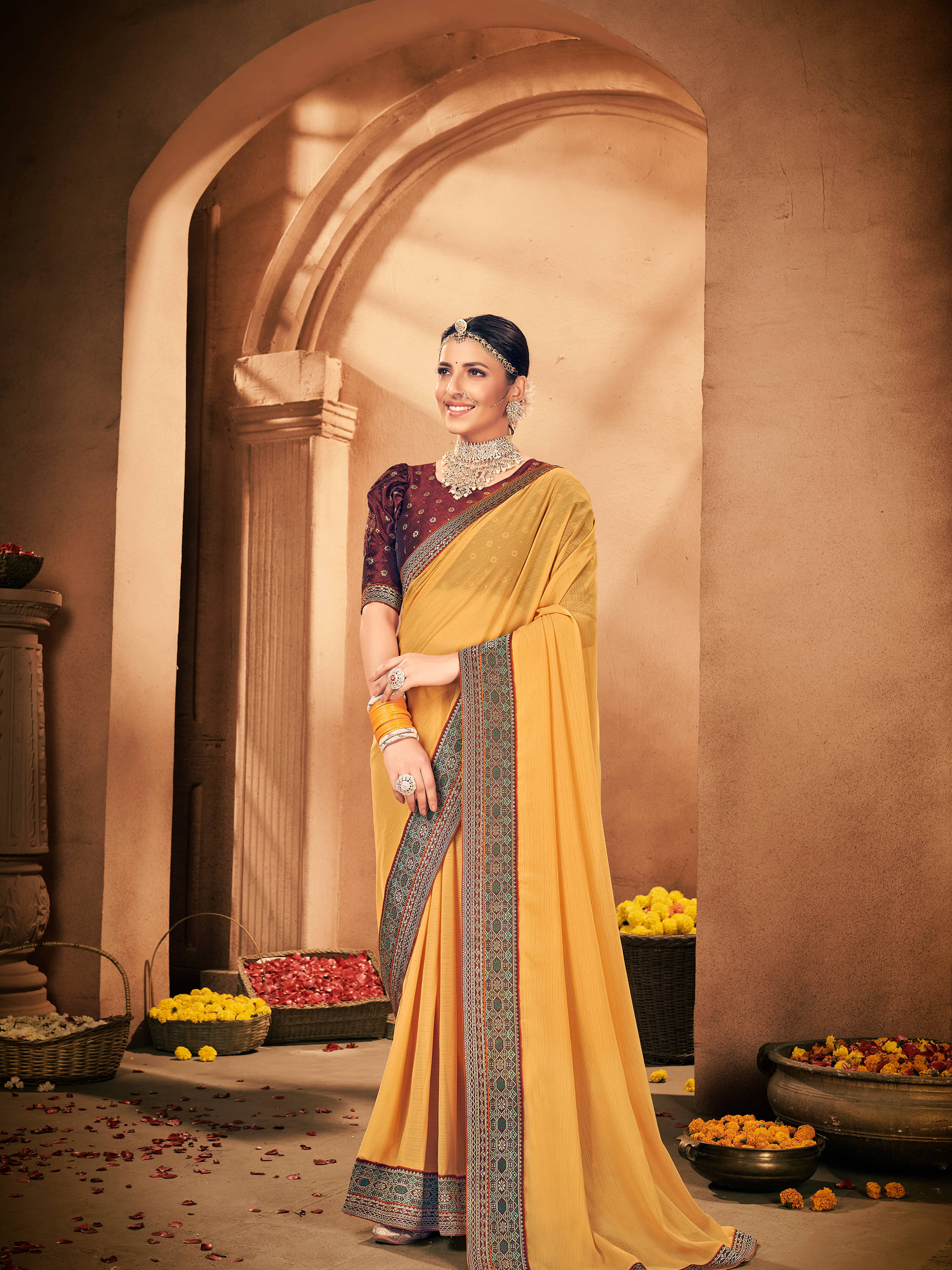 Rekha Maniyar Georgette Self Design Saree With Unstitched Blouse Piece ( Yellow ) Rekha Maniyar Georgette Self Design Saree With Unstitched Blouse Piece ( Yellow )
