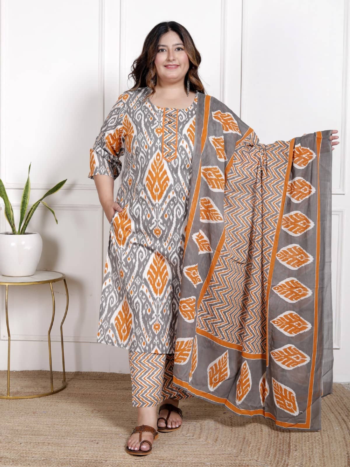 Swasti Women Cotton Printed Straight Kurti With Palazzo ( Orange )