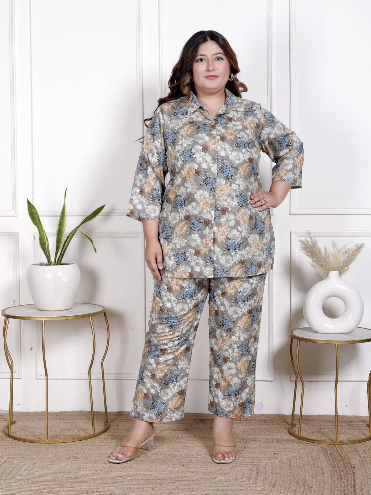 Swasti Women Printed Shirt With Trousers Co-Ord Set ( Grey )