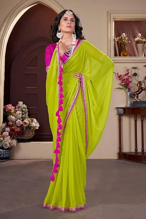V FANCY Georgette Solid Saree With Stitched Blouse ( Green ) V FANCY Georgette Solid Saree With Stitched Blouse ( Green )