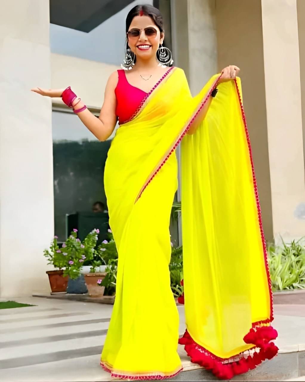 V FANCY Georgette Solid Saree With Stitched Blouse ( Green ) V FANCY Georgette Solid Saree With Stitched Blouse ( Green )