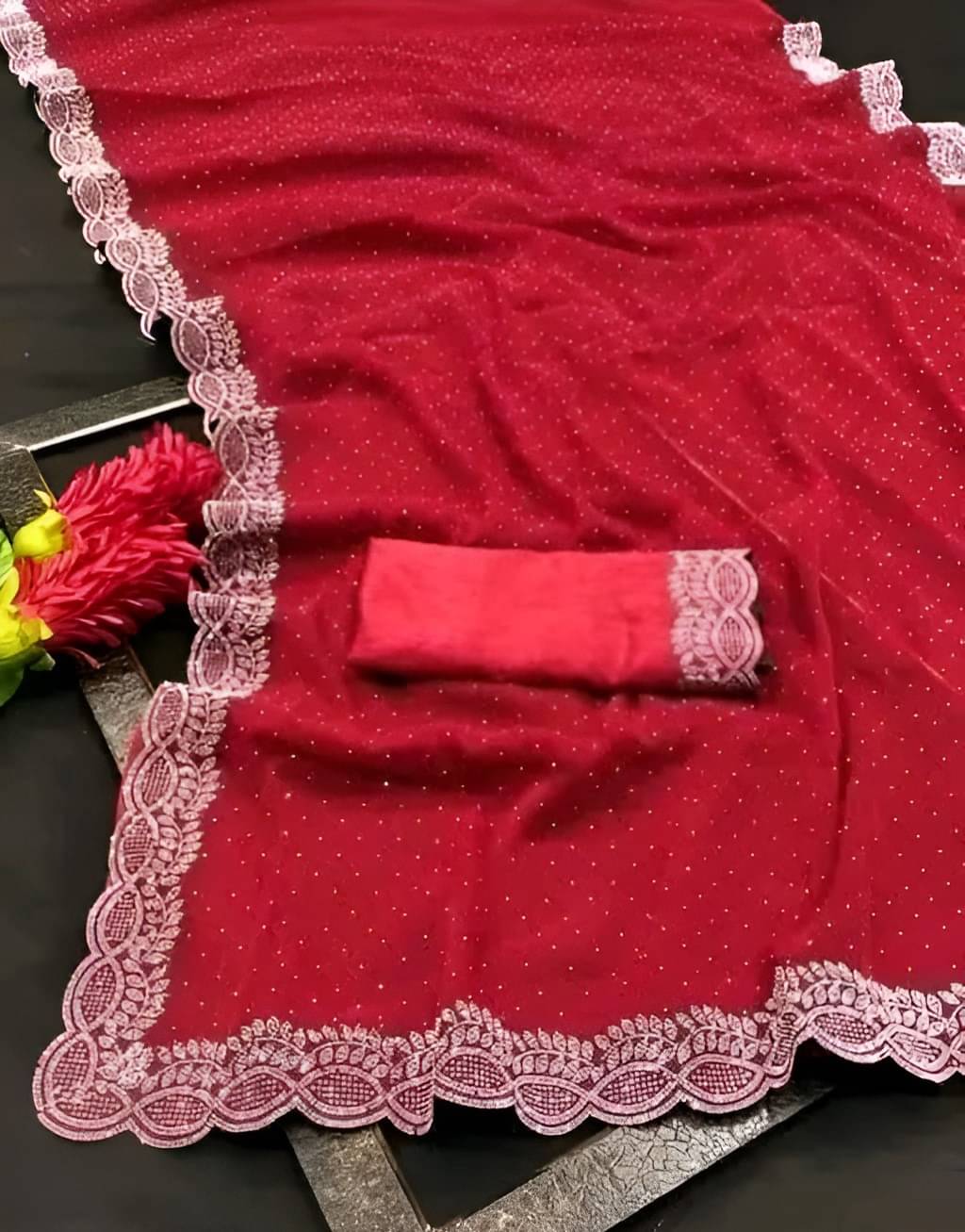 V FANCY Georgette Solid Saree With Stitched Blouse ( Red ) V FANCY Georgette Solid Saree With Stitched Blouse ( Red )