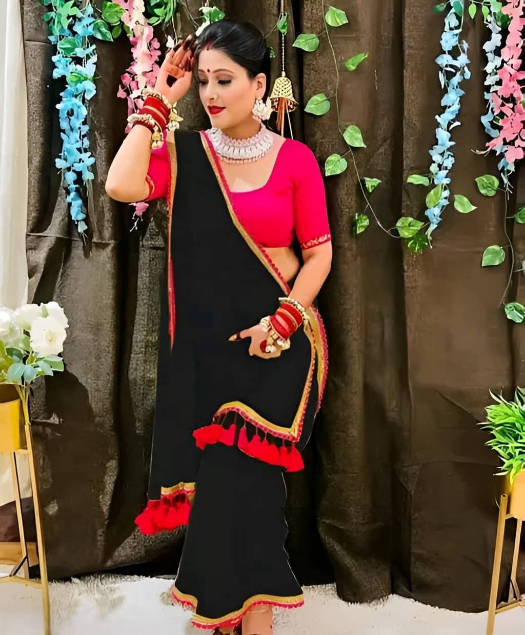V FANCY Georgette Solid Saree With Stitched Blouse ( Black ) V FANCY Georgette Solid Saree With Stitched Blouse ( Black )