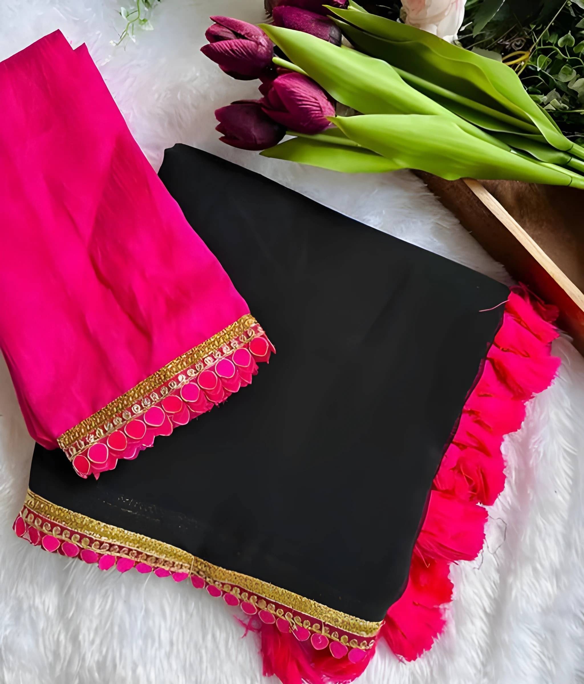 V FANCY Georgette Solid Saree With Stitched Blouse ( Black ) V FANCY Georgette Solid Saree With Stitched Blouse ( Black )