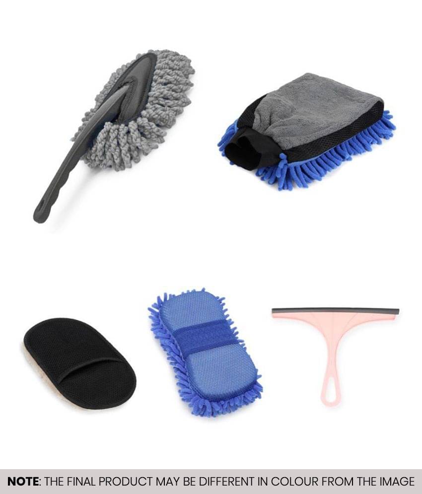     			mahek accessories Car Cleaning Combo of Wet & Dry Mini Microfiber Duster , Gloves , Wiper Microfiber Sponge And Microfiber Cloth 40*40CM 600GSM for car accessories ( Pack of 5 )