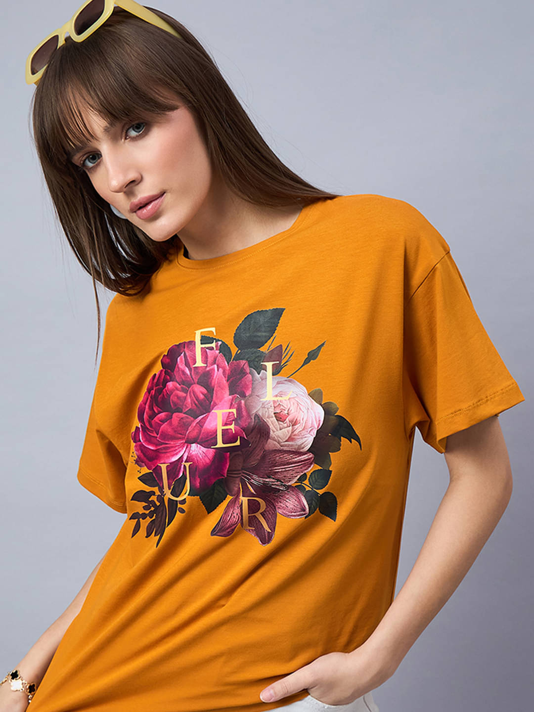     			98 Degree North Women Cotton Printed Regular Round Neck T-Shirt ( Mustard )