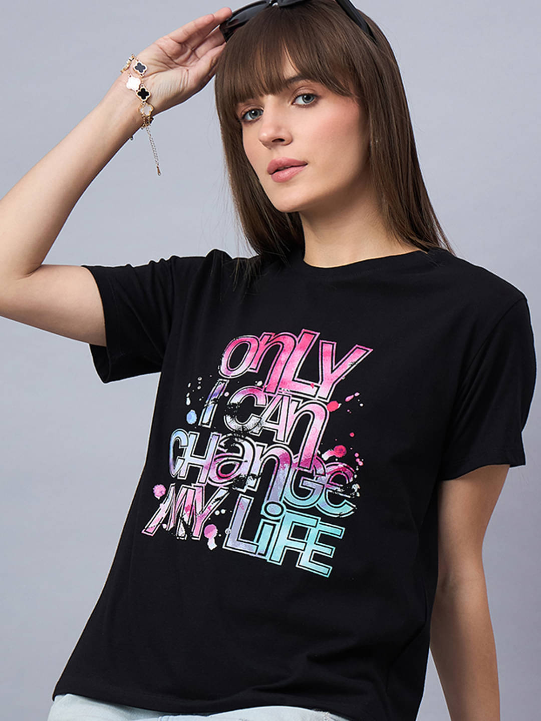     			98 Degree North Women Cotton Printed Regular Round Neck T-Shirt ( Black )