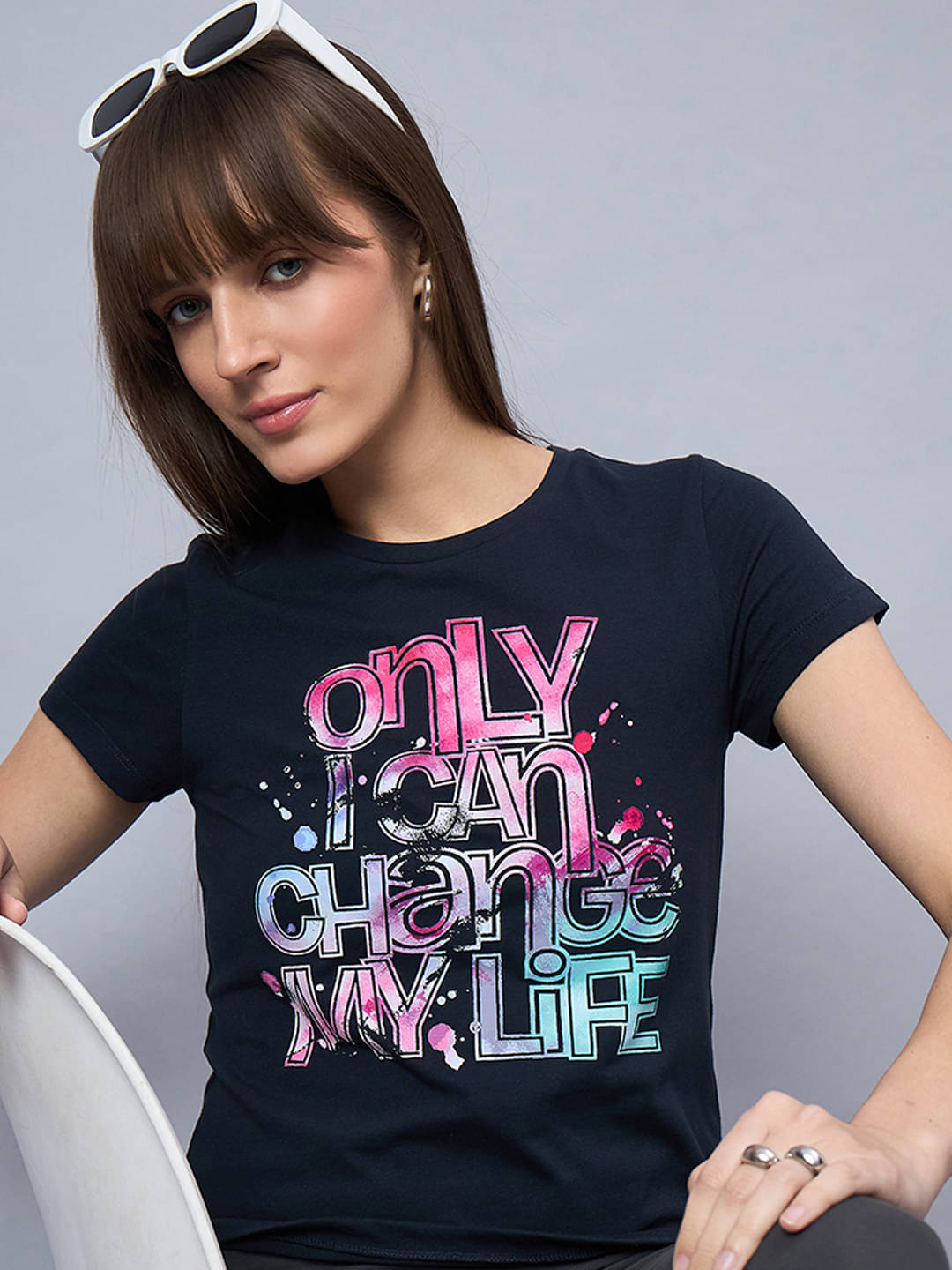     			98 Degree North Women Cotton Printed Regular Round Neck T-Shirt ( Navy )