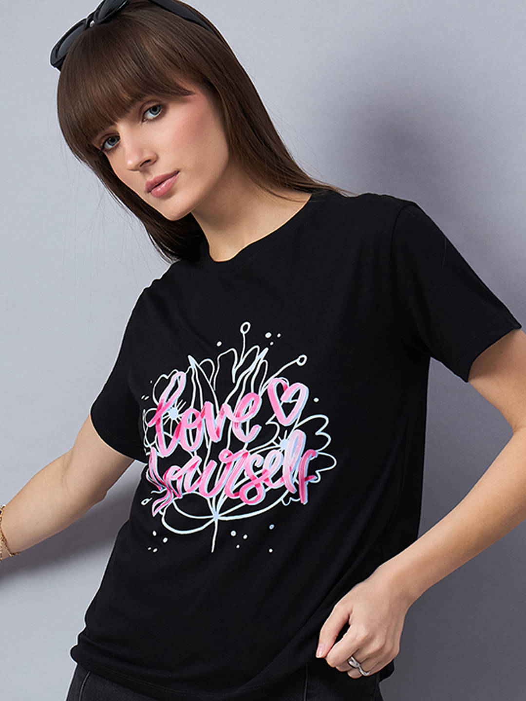     			98 Degree North Women Cotton Printed Regular Round Neck T-Shirt ( Black )