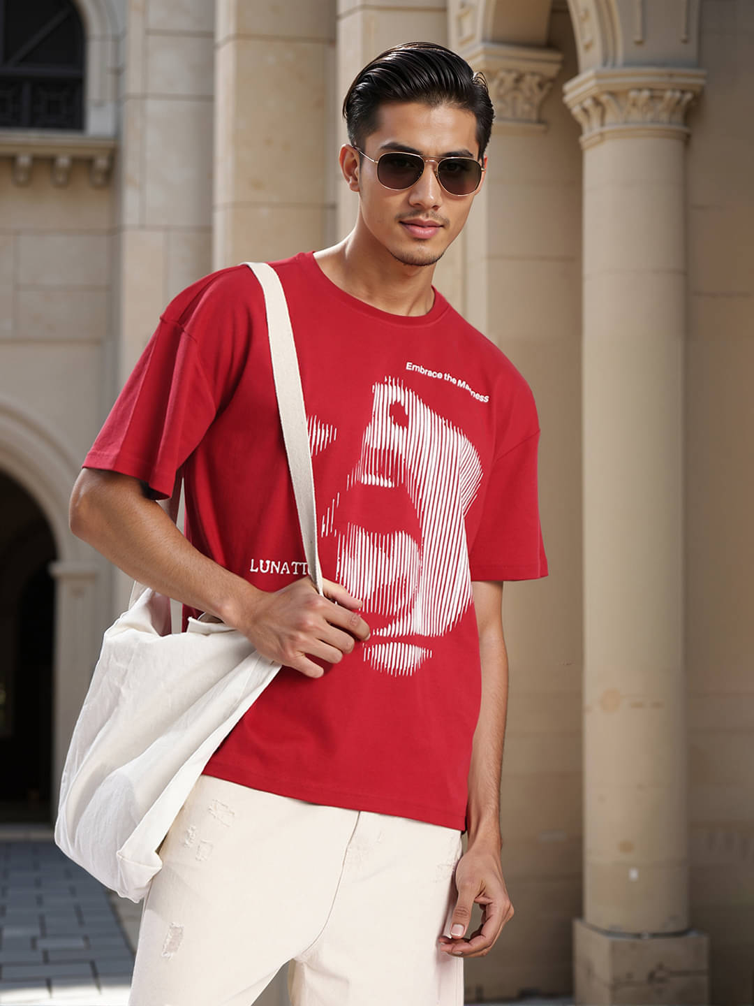     			Bene Kleed Men 100% Cotton Oversized Fit Printed T-Shirt ( Red )