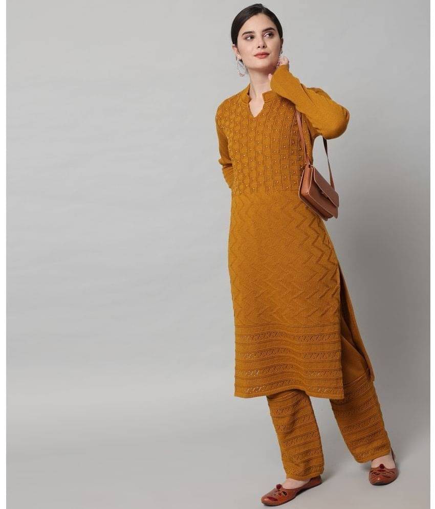     			Canblar Women Woollen Embellished Straight Kurti With Palazzo ( Mustard )
