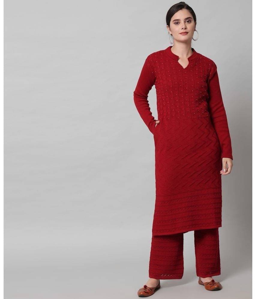 Canblar Women Woollen Embellished Straight Kurti With Palazzo ( Maroon )     			Canblar Women Woollen Embellished Straight Kurti With Palazzo ( Maroon )