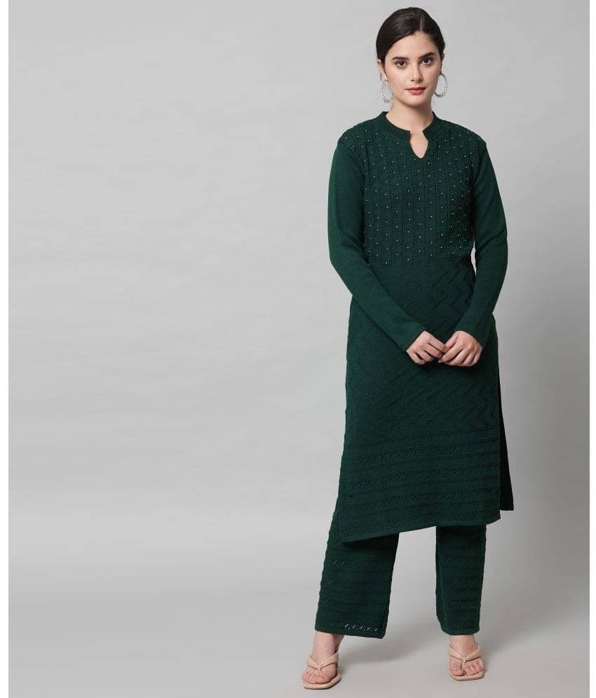 Canblar Women Woollen Embellished Straight Kurti With Palazzo ( Green ) Canblar Women Woollen Embellished Straight Kurti With Palazzo ( Green )