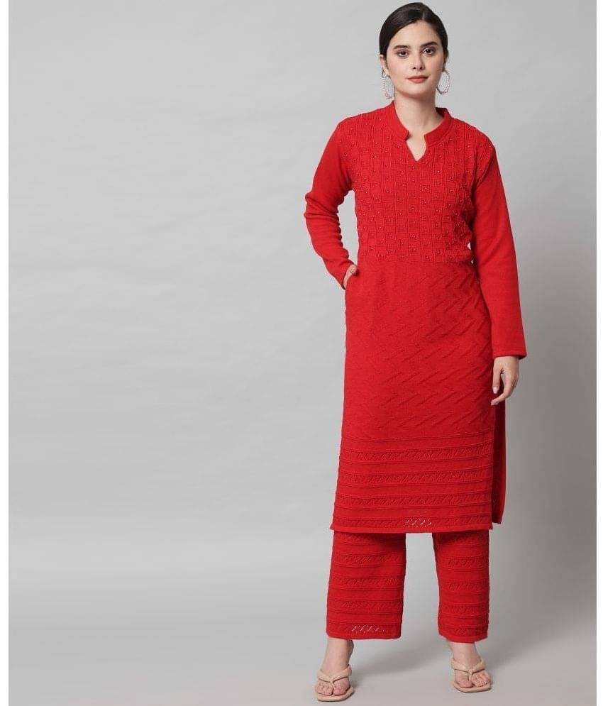     			Canblar Women Woollen Embellished Straight Kurti With Palazzo ( Red )