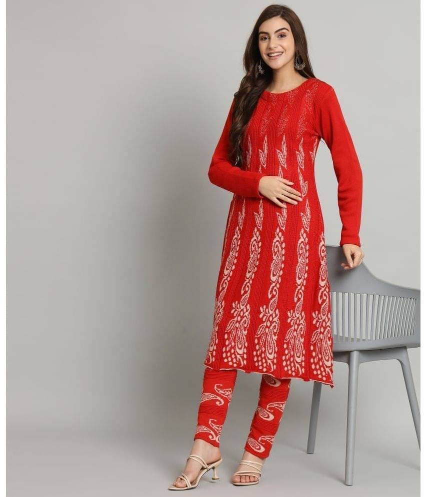     			Canblar Women Woollen Printed A-line Kurti With Palazzo ( Red )