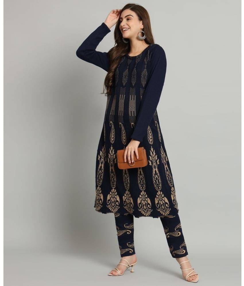Canblar Women Woollen Printed A-line Kurti With Pants ( Navy Blue ) Canblar Women Woollen Printed A-line Kurti With Pants ( Navy Blue )