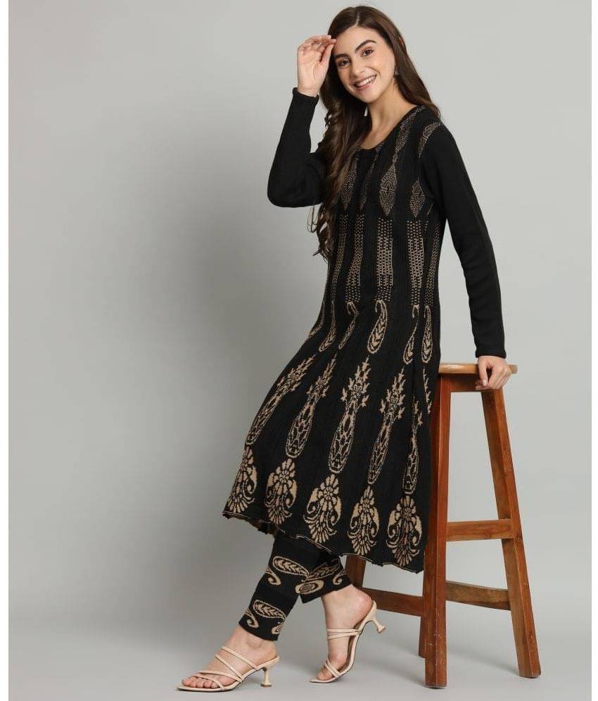 Canblar Women Woollen Printed A-line Kurti With Pants ( Black )     			Canblar Women Woollen Printed A-line Kurti With Pants ( Black )