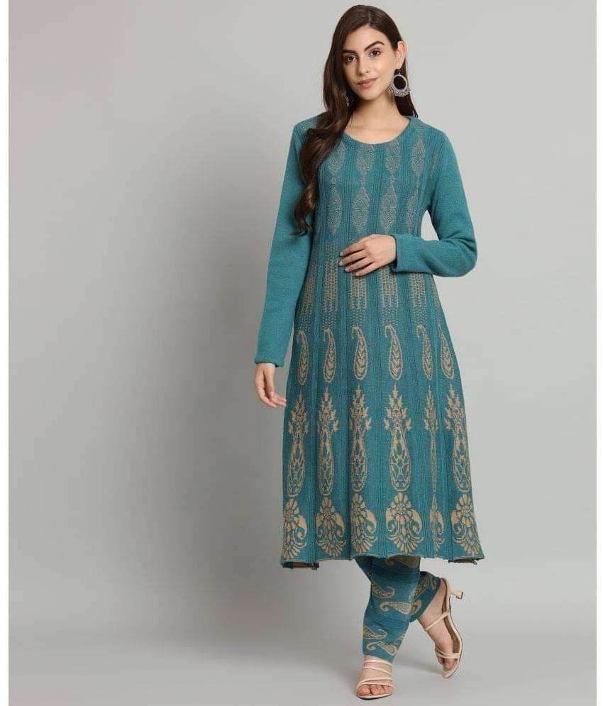     			Canblar Women Woollen Printed A-line Kurti With Palazzo ( Mint Green )