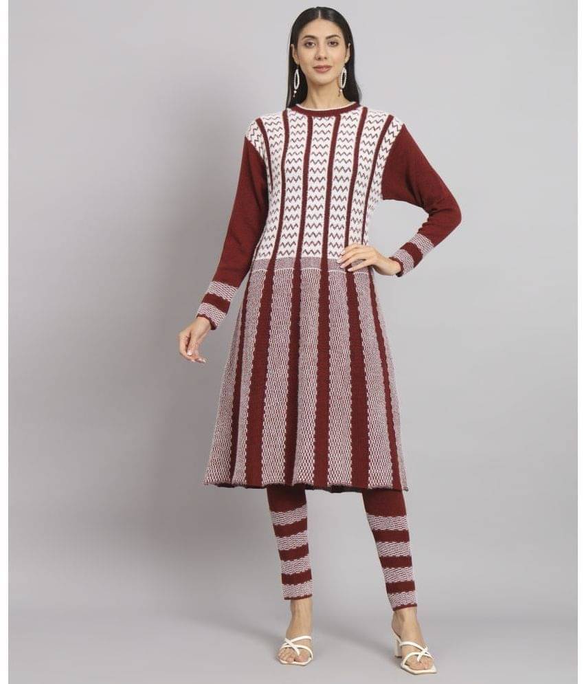     			Canblar Women Woollen Striped A-line Kurti With Pants ( Maroon )