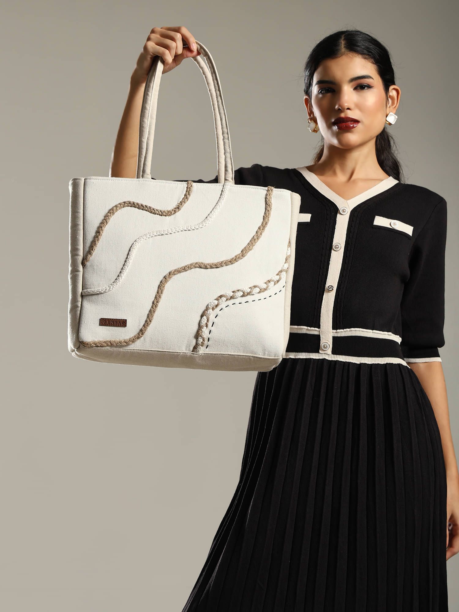     			ENSAC Tote Bag Canvas Set of 1 ( Beige )