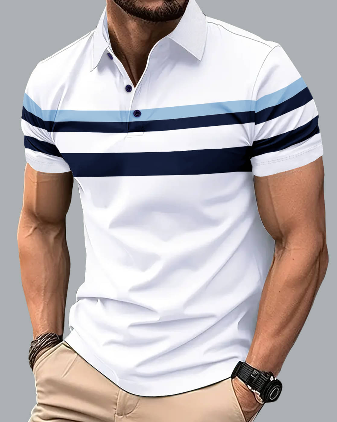 Eyebogler Men Cotton Blend Regular Fit Striped Polo T Shirt ( White ) Eyebogler Men Cotton Blend Regular Fit Striped Polo T Shirt ( White )