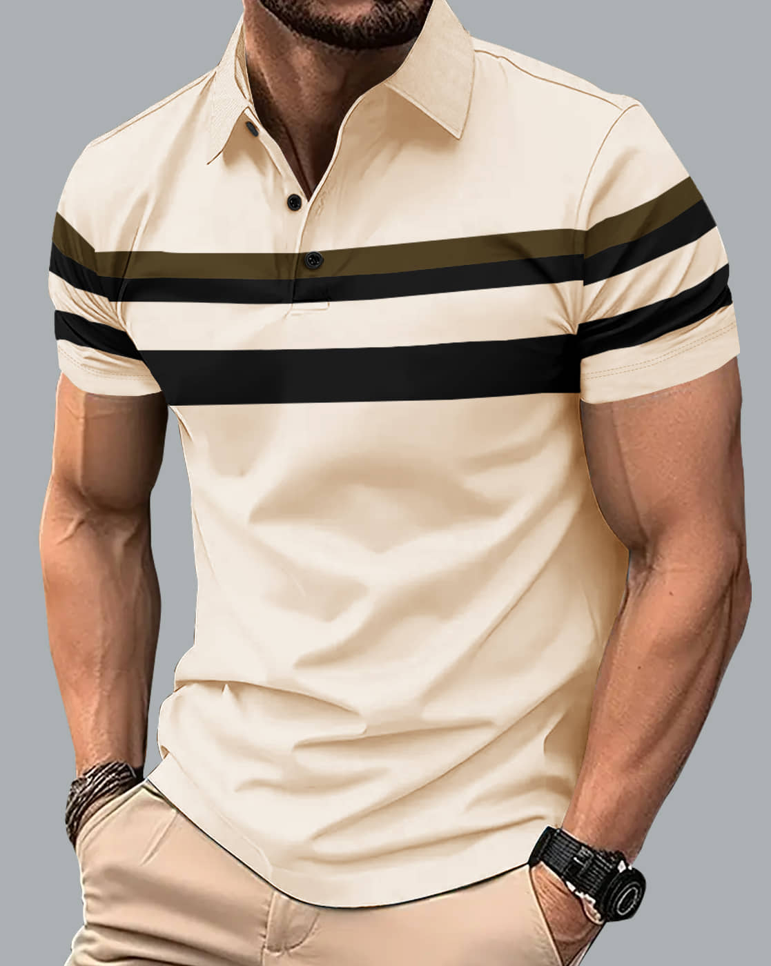 Eyebogler Men Cotton Blend Regular Fit Striped Polo T Shirt ( Beige )