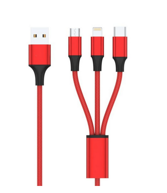     			Hailfire Unbreakable 3 in 1 USB Fast Charging Cable Compatible with Type C, Lightning, Micro USB Port with 2.1 A, (Trio-11, Red)