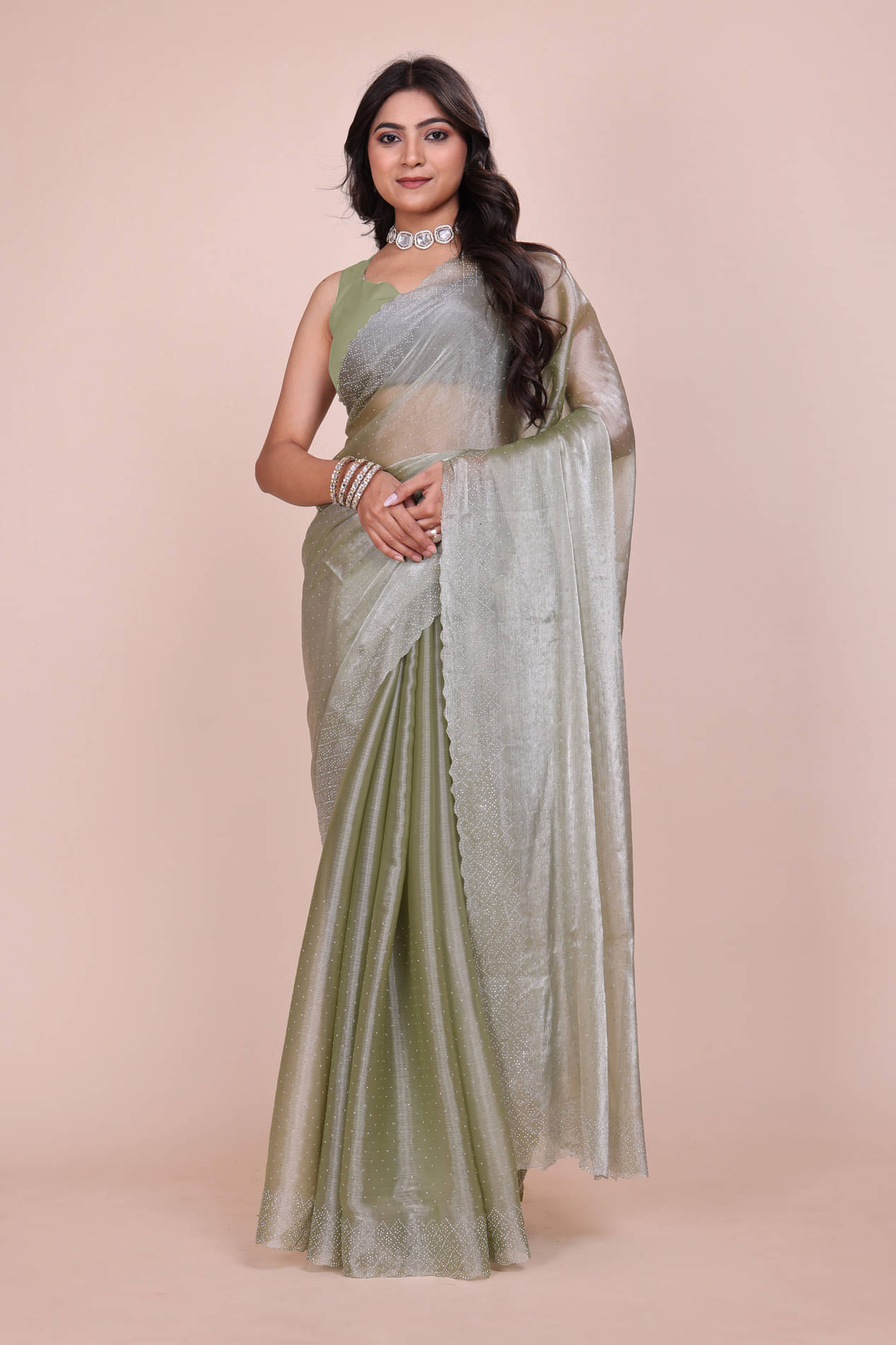     			Indian Fashionista Shimmer Embellished Saree With Unstitched Blouse Piece ( Light Green )
