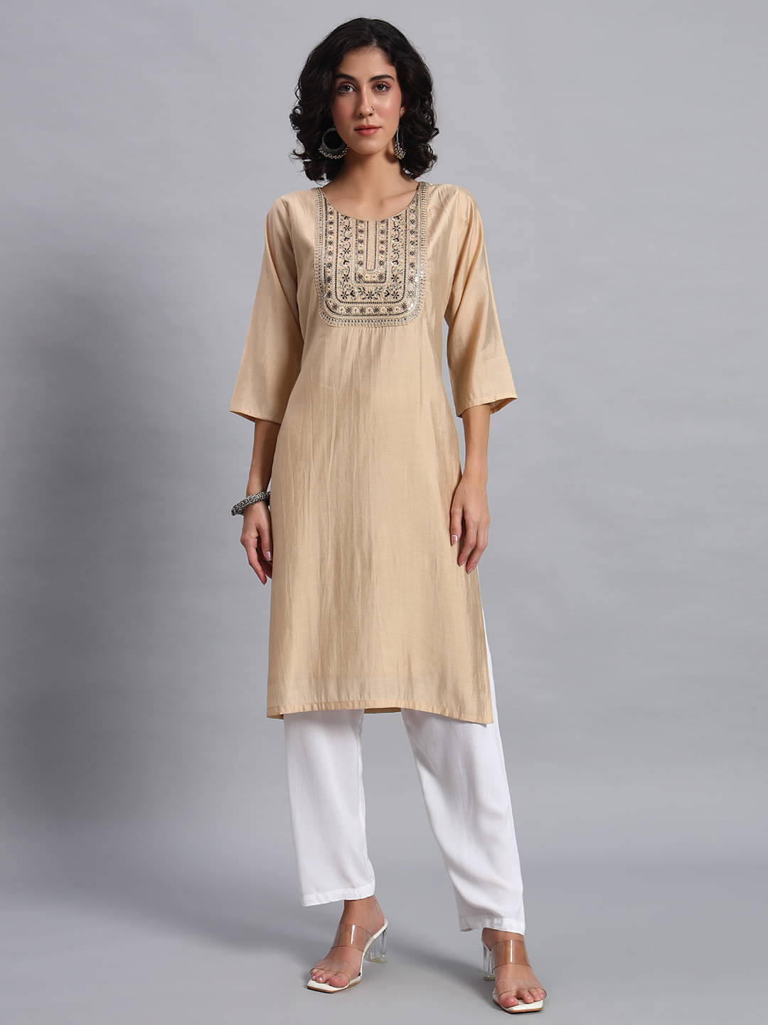     			JDS LIFESTYE Women Cotton Silk Embroidered Straight Kurti ( Beige )