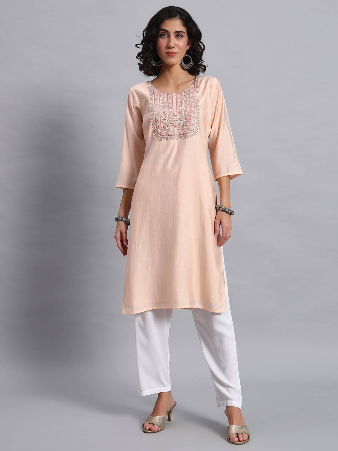 JDS LIFESTYE Women Cotton Silk Embroidered Straight Kurti ( Peach ) JDS LIFESTYE Women Cotton Silk Embroidered Straight Kurti ( Peach )