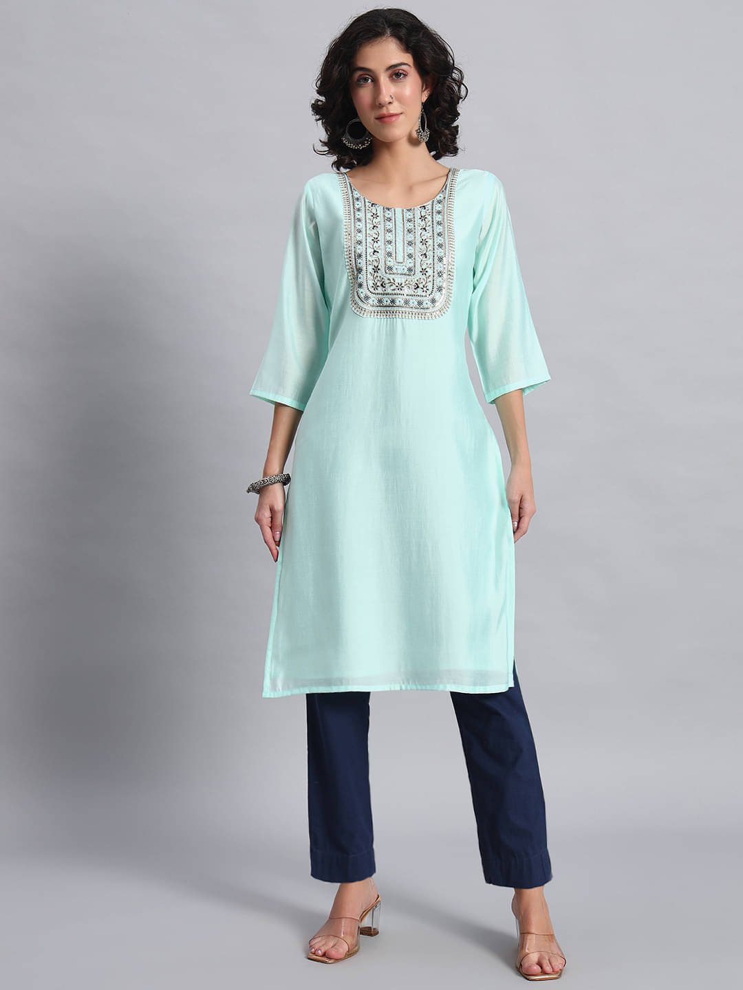     			JDS LIFESTYE Women Cotton Silk Embroidered Straight Kurti ( Light Blue )