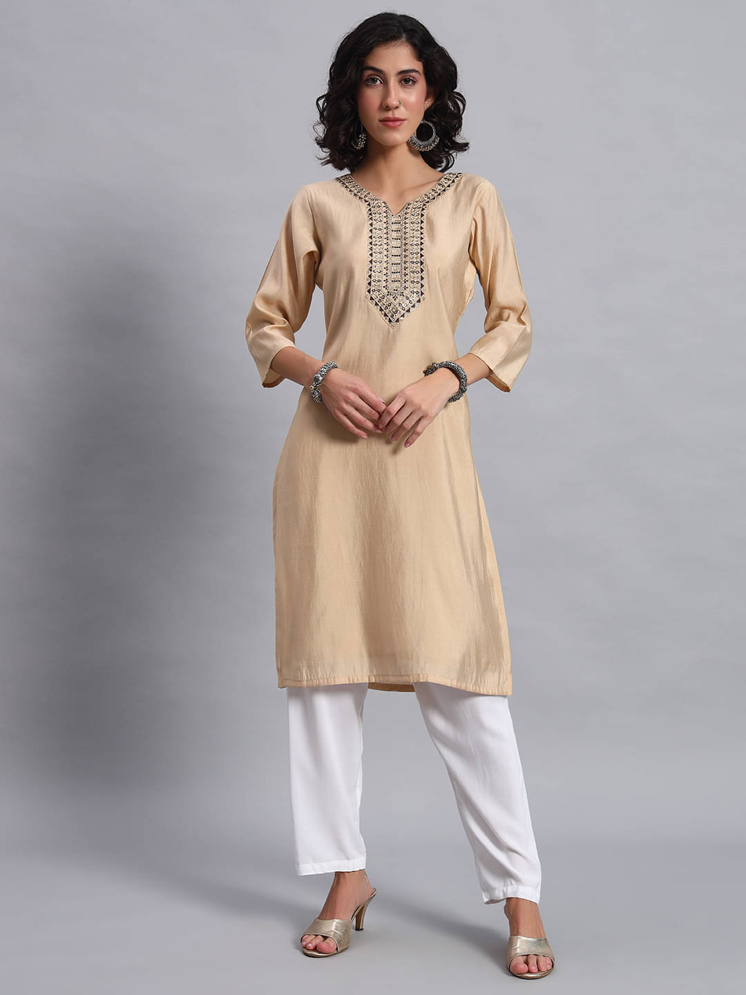     			JDS LIFESTYL Women Cotton Silk Embroidered Straight Kurti ( Beige )