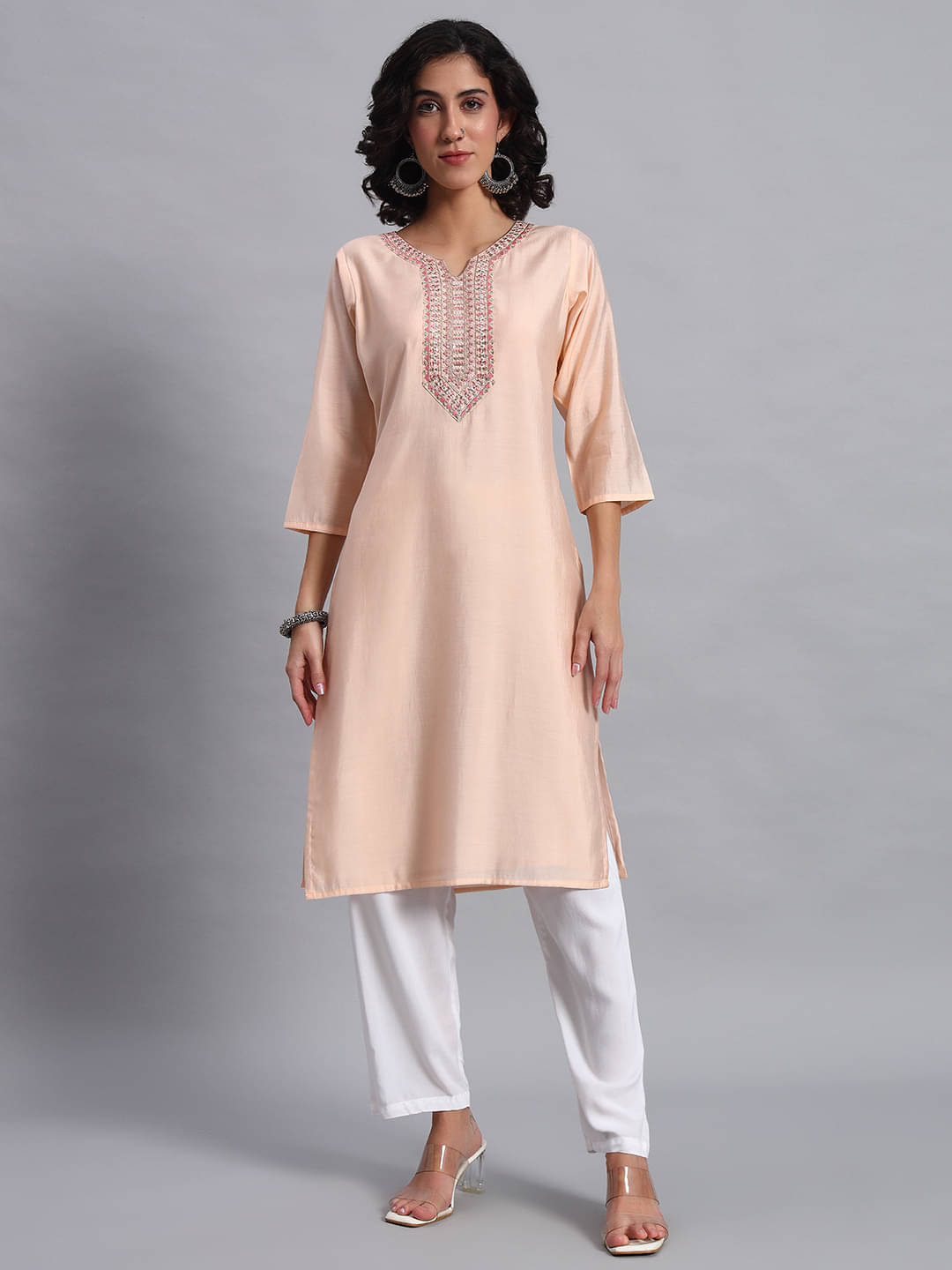     			JDS LIFESTYL Women Cotton Silk Embroidered Straight Kurti ( Peach )
