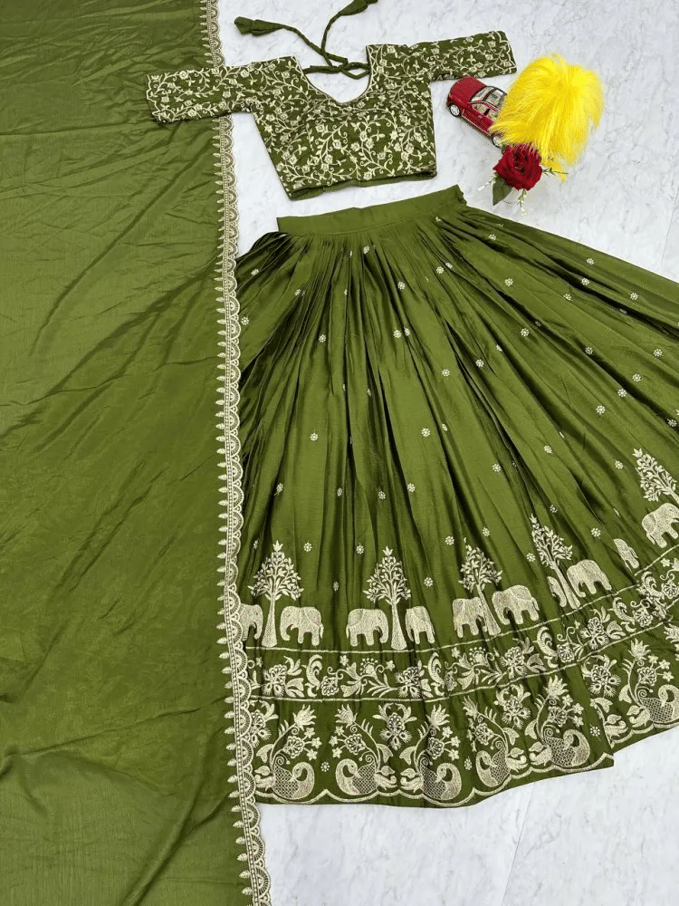 JULEE Green Silk Blends Unstitched Semi Stitched Lehenga
