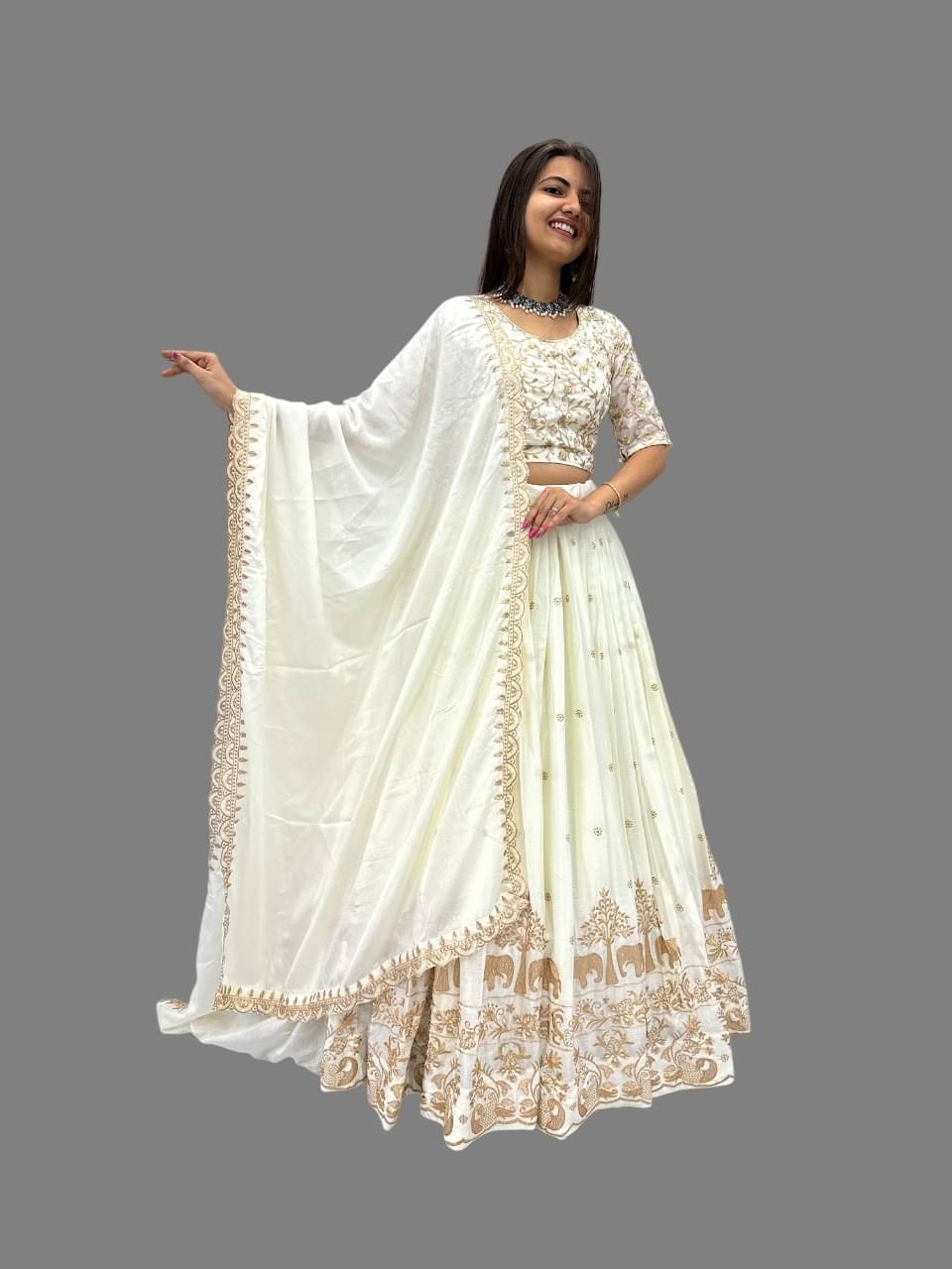 JULEE White Silk Blends Unstitched Semi Stitched Lehenga     			JULEE White Silk Blends Unstitched Semi Stitched Lehenga