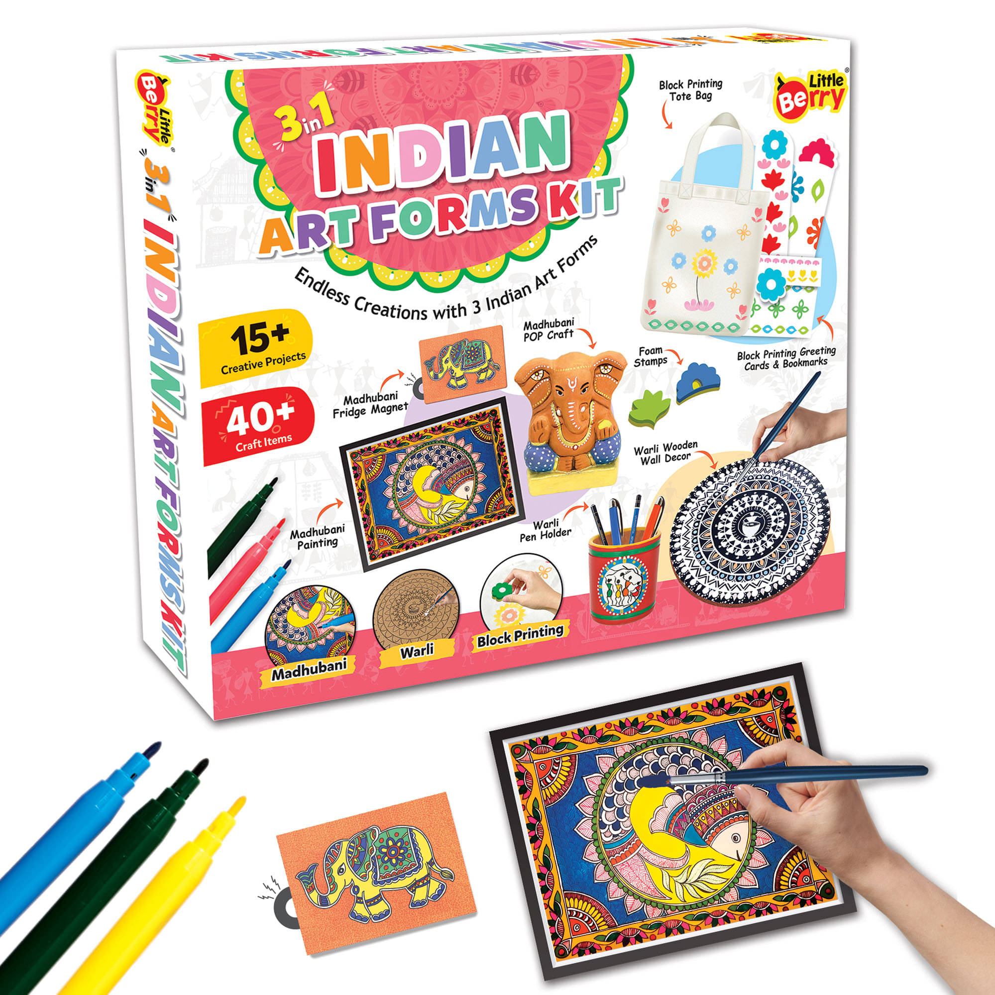 Little Berry 3 in 1 Indian Art Forms Kit for Kids 6-12 Years | DIY Art & Craft Kit for Girls & Boys | Learn 3 Indian Art Forms - Madhubani, Warli and Block Printing Art | All-inclusive Craft DIY Kit Little Berry 3 in 1 Indian Art Forms Kit for Kids 6-12 Years | DIY Art & Craft Kit for Girls & Boys | Learn 3 Indian Art Forms - Madhubani, Warli and Block Printing Art | All-inclusive Craft DIY Kit