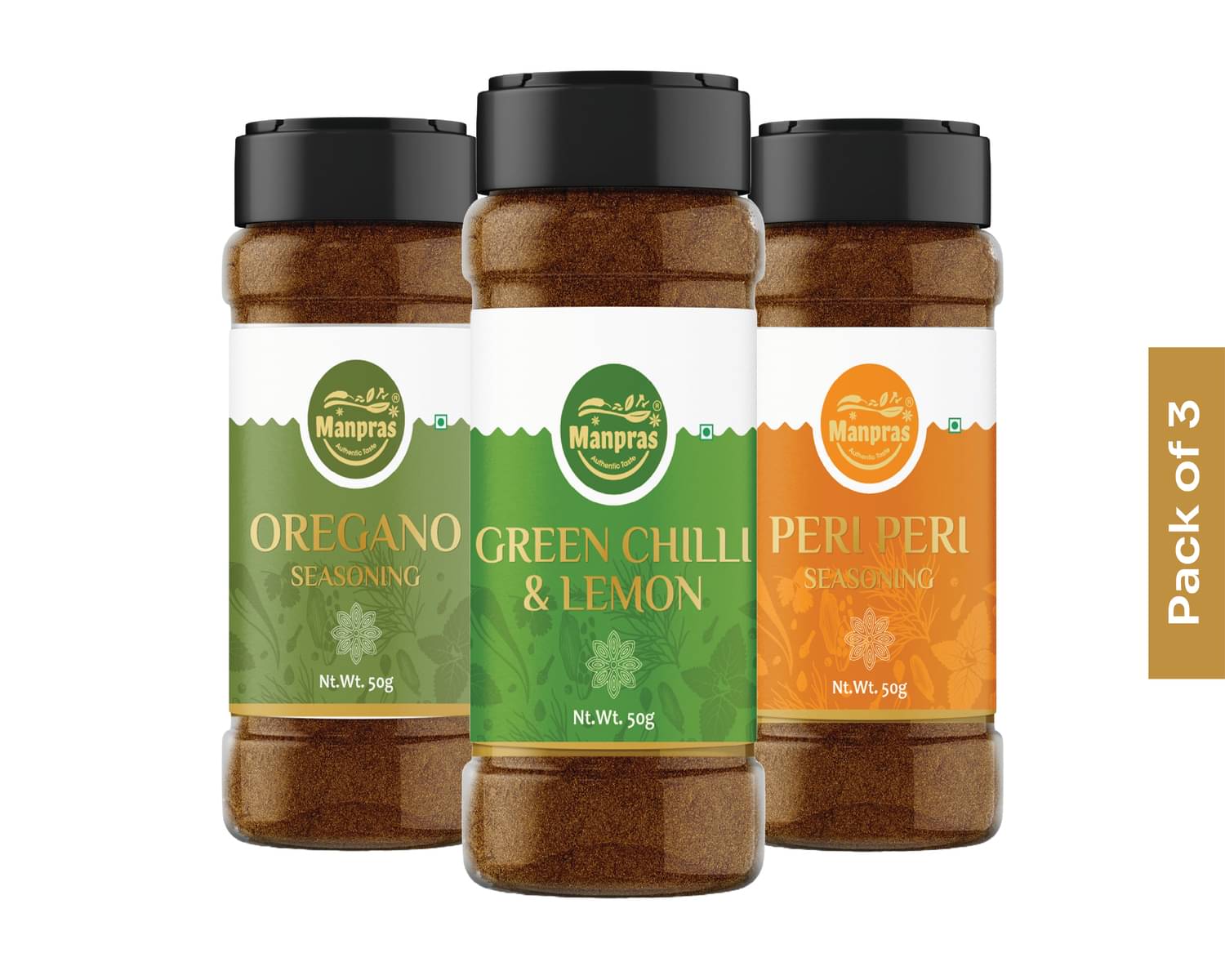 MANPRAS Peri Peri- Oreagno- Greeen Chilly Lemon Pack of 3 50Gms. Each 150 gm     			MANPRAS Peri Peri- Oreagno- Greeen Chilly Lemon Pack of 3 50Gms. Each 150 gm
