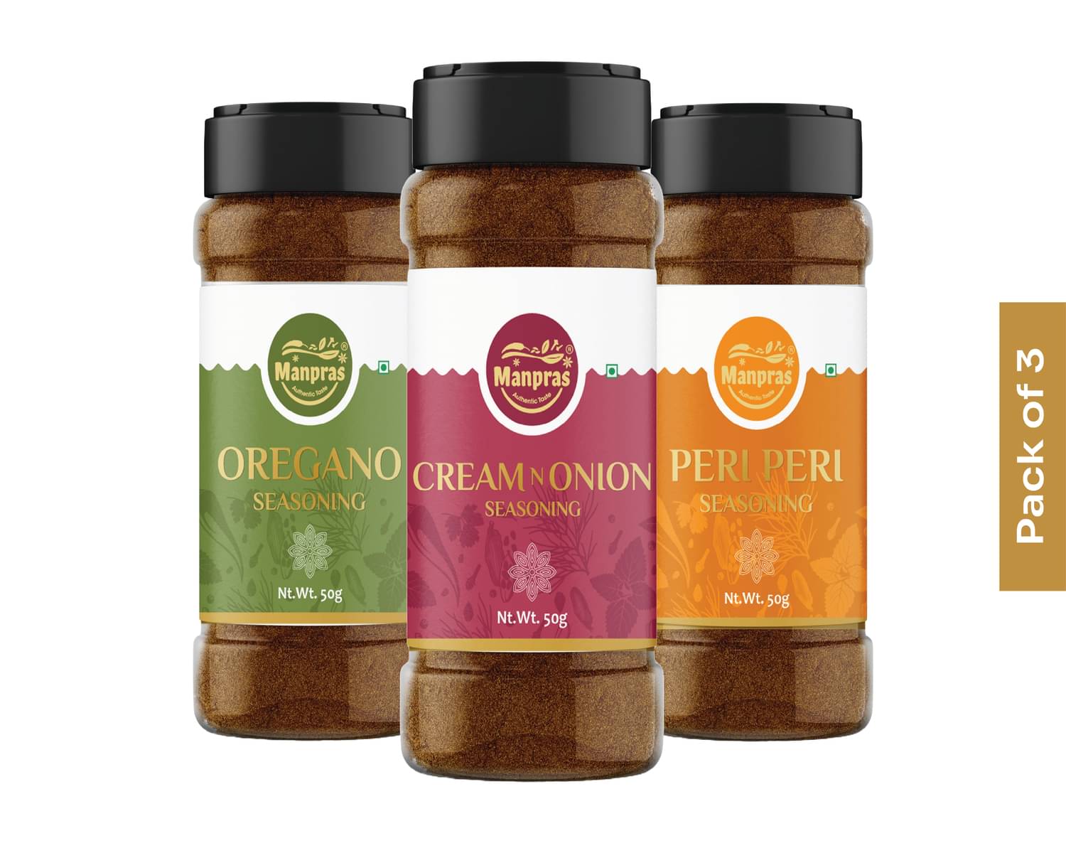 MANPRAS Seasoning Combo Peri Peri- Oergano- Cream N Onion Pack of 3 50Gms Each 150 gm     			MANPRAS Seasoning Combo Peri Peri- Oergano- Cream N Onion Pack of 3 50Gms Each 150 gm