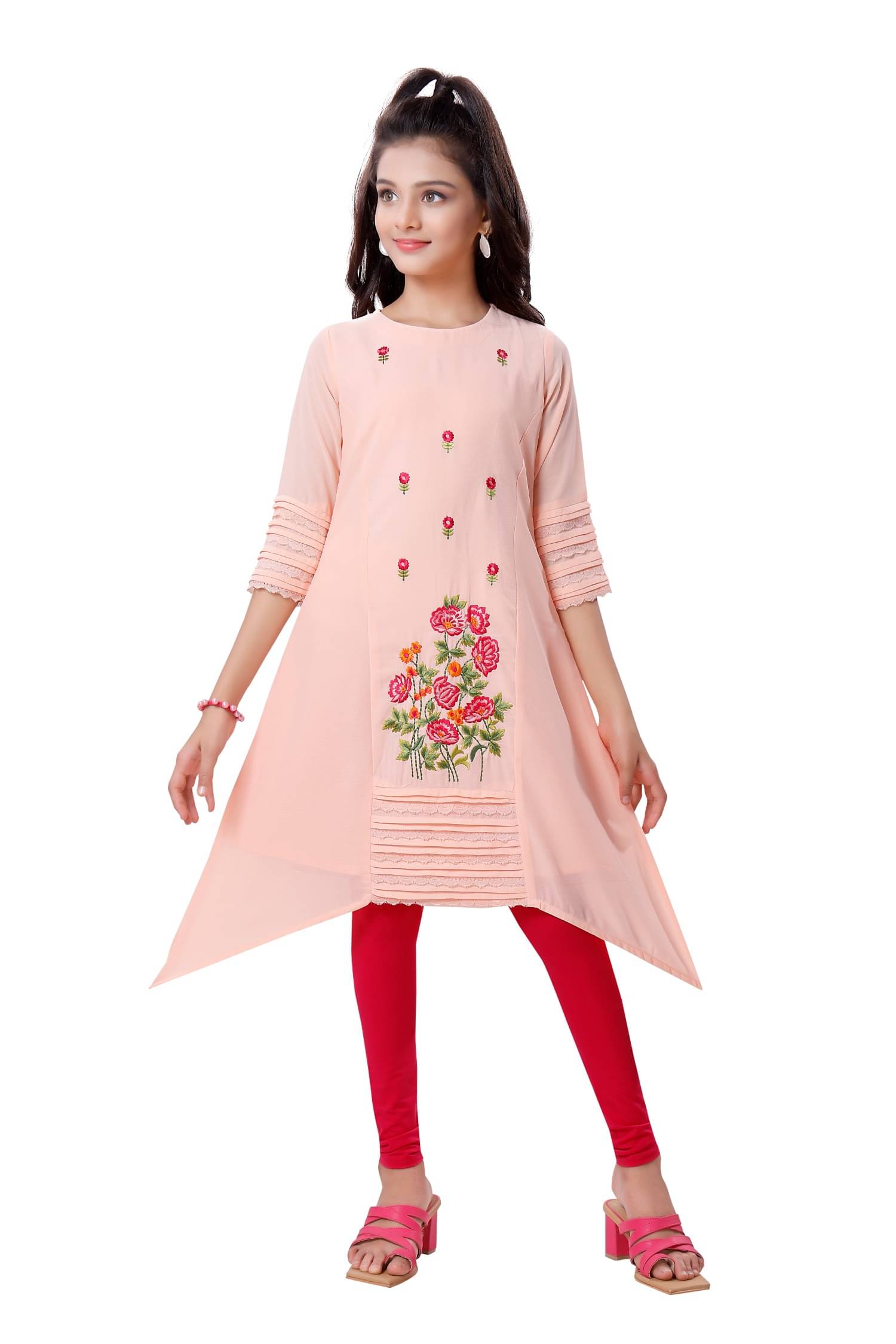     			MASTARANG Girls Georgette Kurti with Legging ( Pack of 1 , Peach )