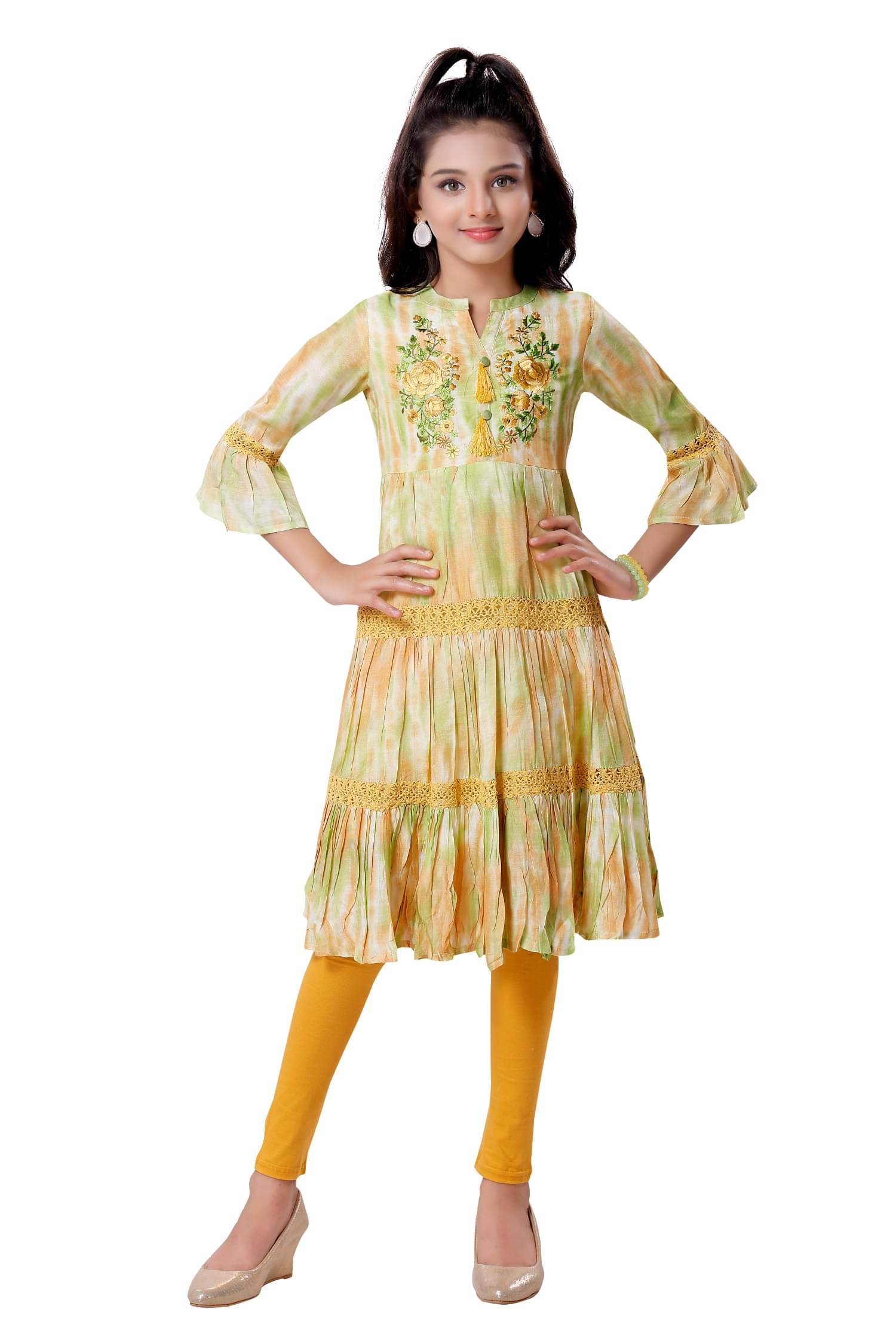     			MASTARANG Girls Viscose Kurti with Legging ( Pack of 1 , Lemon )