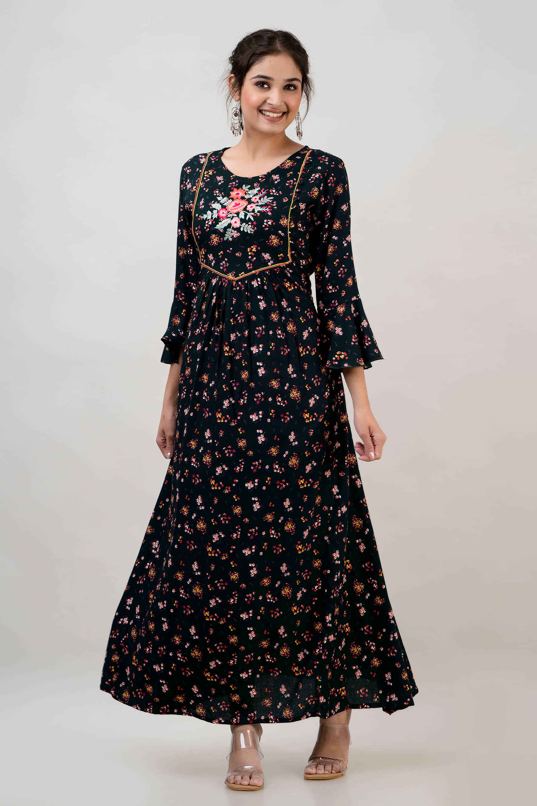 MAUKA Women Rayon Flared Stitched Ethnic Gown ( Blue ) - Unstitched Fabrics | Buy online on ZillyBuy