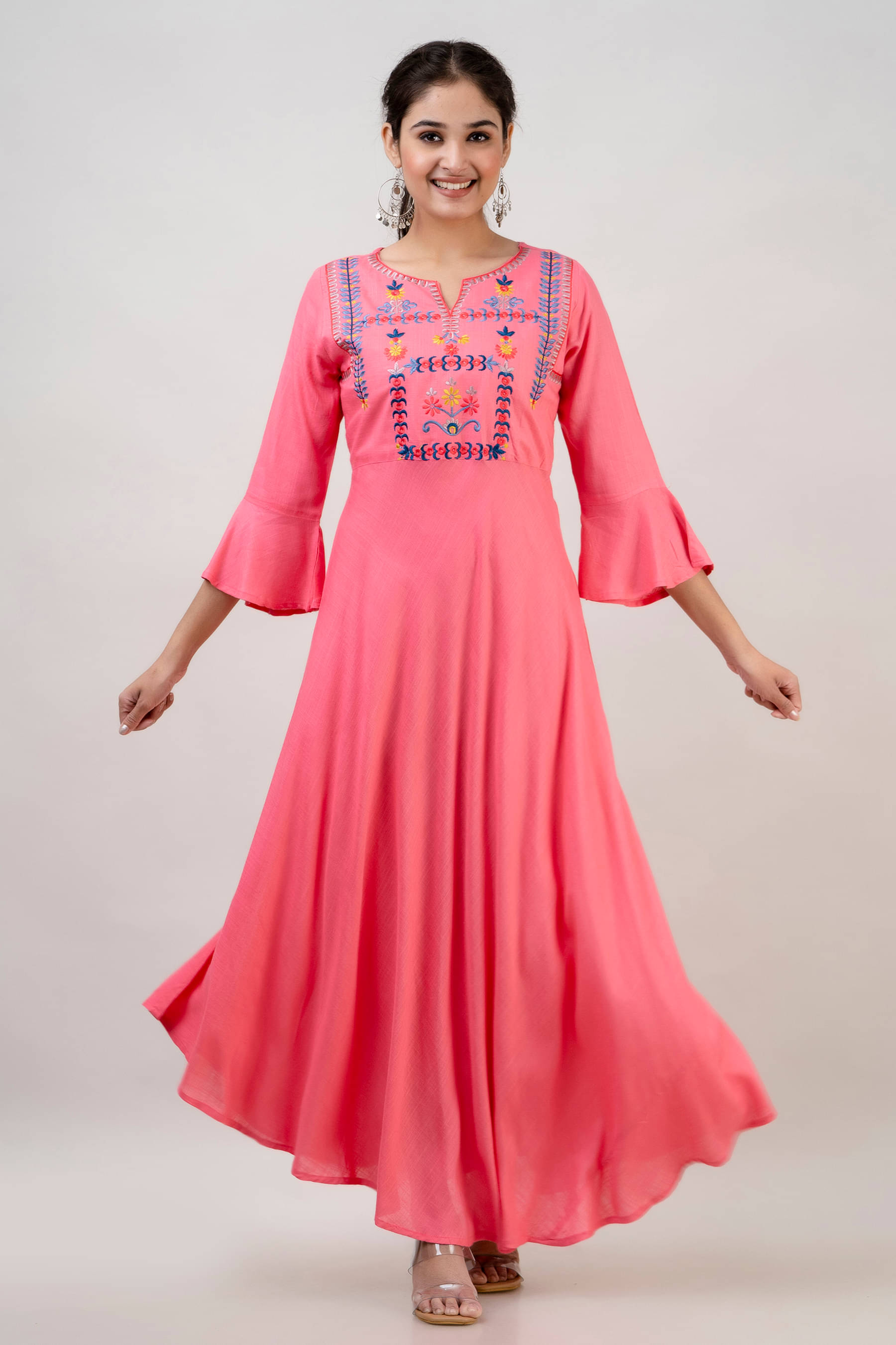     			MAUKA Women Rayon Flared Stitched Ethnic Gown ( Pink )