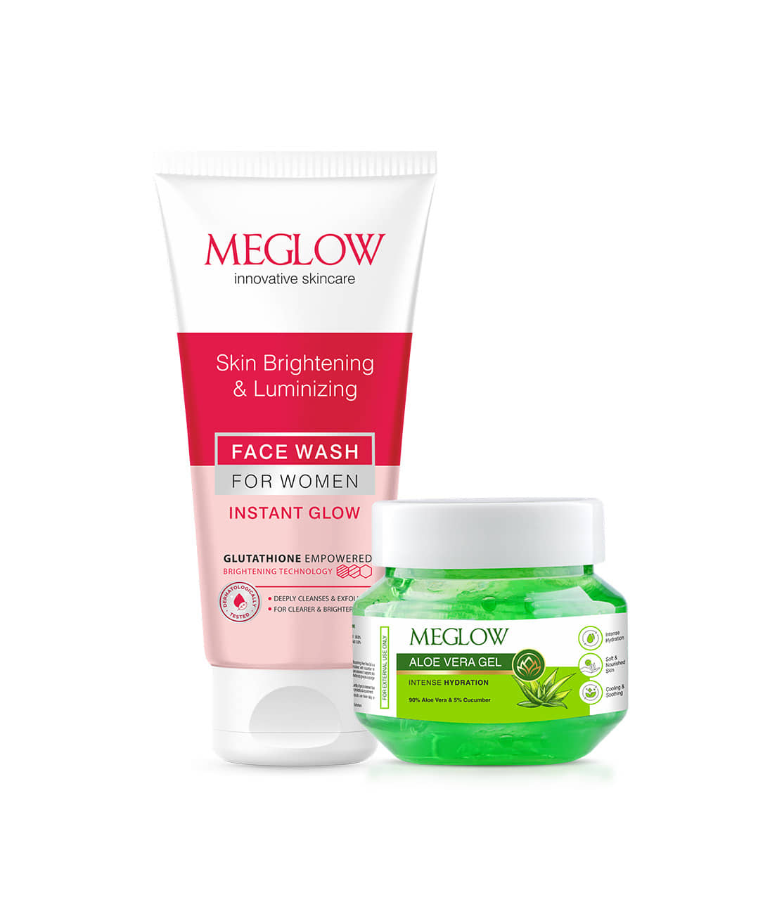 Meglow’s Daily Brightening + Hydrating Combo for Women | Glow & Nourish Face Care Combo for Women | Skin Brightening Facewash & Hydrating Aloe Vera Gel with Cucumber