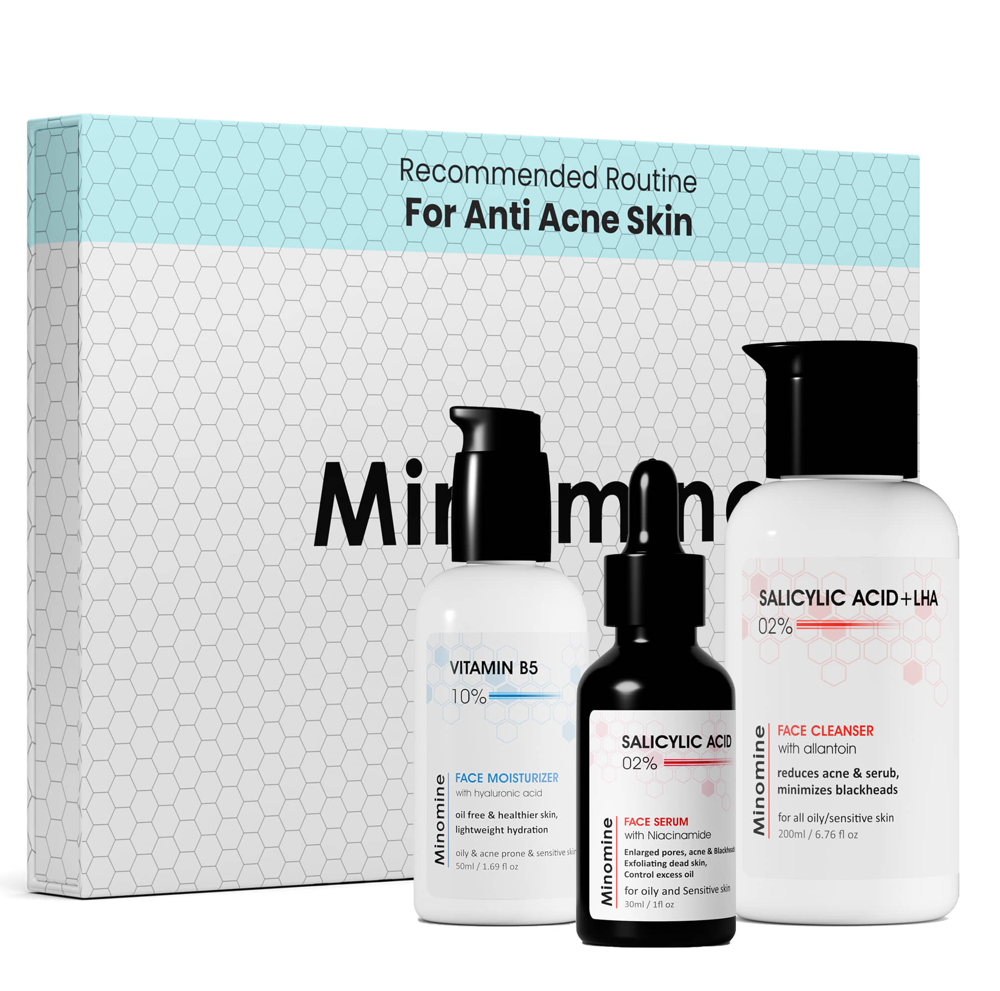 Minomine Anti-Acne Skin, Gamechangers Skincare Routine Kit for Unisex | Salicylic Acid FaceWash, Salicylic Acid Serum & Vitamin B5 Moisturizer Combo Set