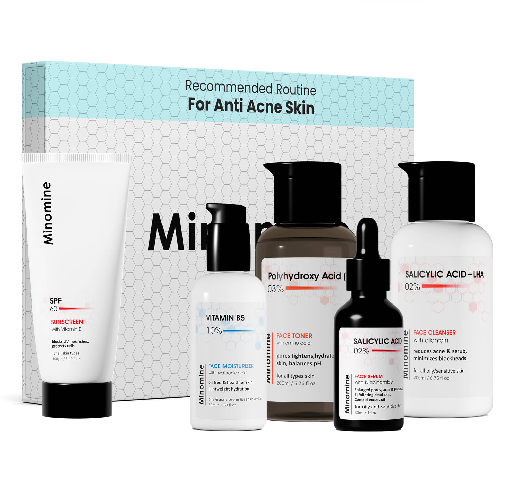 Minomine Anti-Acne Skinkit, Gamechangers Skincare Routine Kit for Unisex | 5 Products Skin Kit | Salicylic Acid FaceWash, Salicylic Acid Serum, Vitamin B5 Moisturizer, PHA Toner & SPF 60 Sunscreen