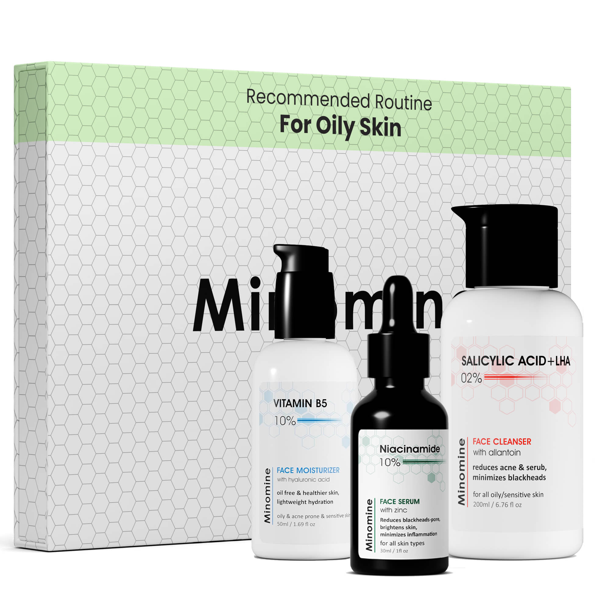 Minomine Oily Skin Gamechangers Skincare Routine Kit for Unisex | Salicylic Acid Cleanser, Niacinamide Serum & Vitamin B5 Moisturizer | Combo Set