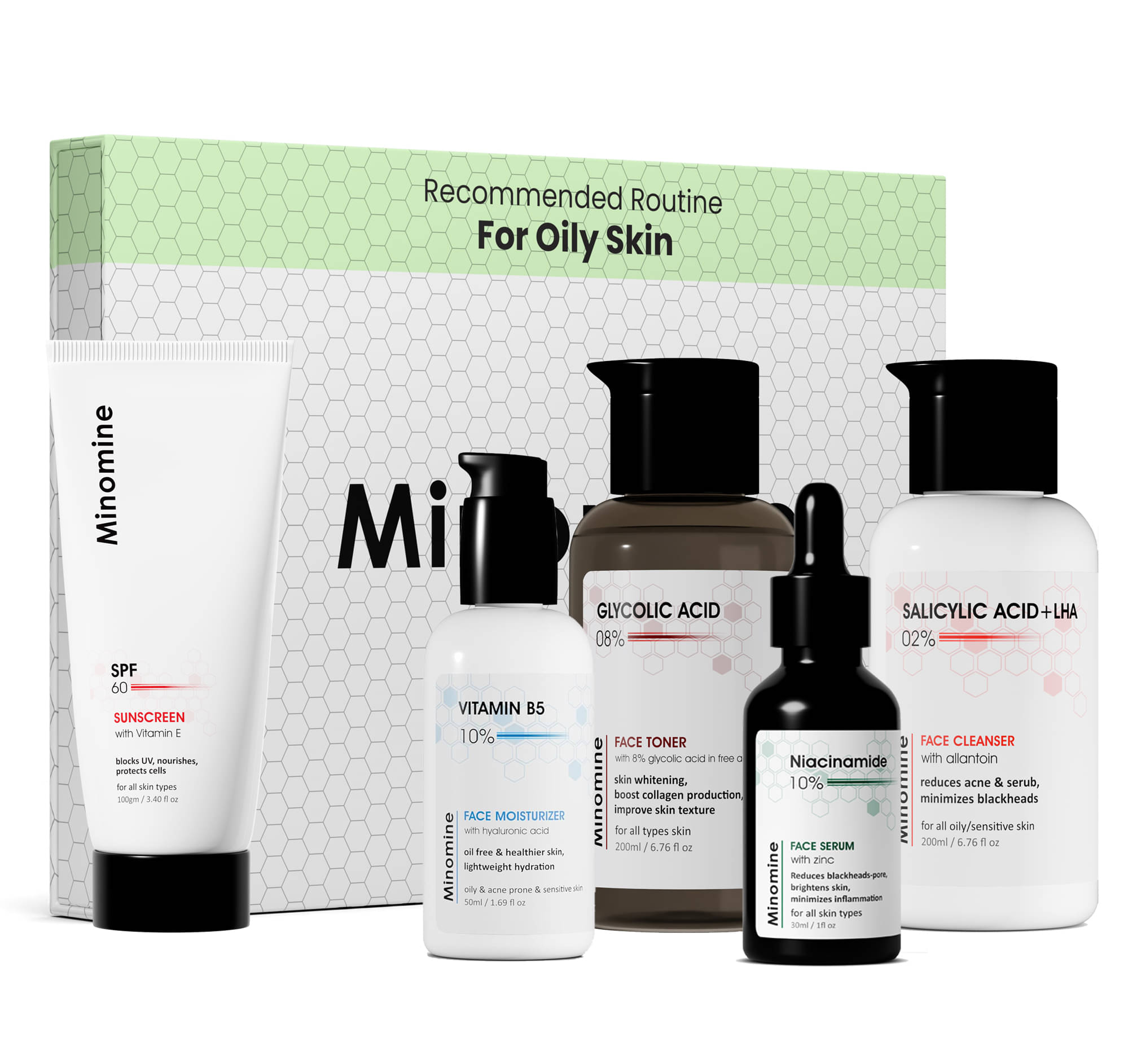 Minomine Oily Skin Gamechangers Skincare Routine Kit for Unisex | Salicylic Acid Cleanser, Niacinamide Serum Toner, Vitamin B5 Moisturizer & SPF 60 Sunscreen | Combo Set Minomine Oily Skin Gamechangers Skincare Routine Kit for Unisex | Salicylic Acid Cleanser, Niacinamide Serum Toner, Vitamin B5 Moisturizer & SPF 60 Sunscreen | Combo Set