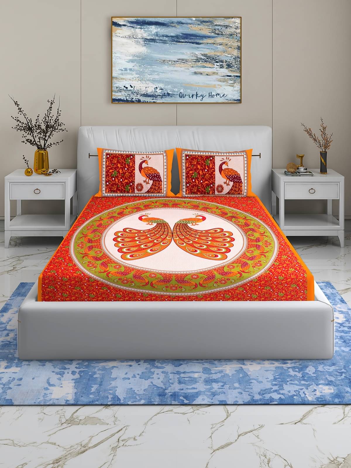     			Quirky Home Cotton 1 Double Queen Bedsheet with 2 Pillow Covers ( Orange )