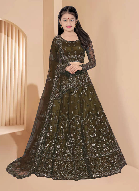 piludi Net Lehenga Choli Set For Girls ( Pack of 1 , Dark Green )