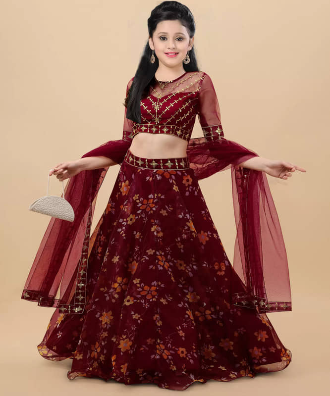piludi Organza Lehenga Choli Set For Girls ( Pack of 1 , Maroon )
